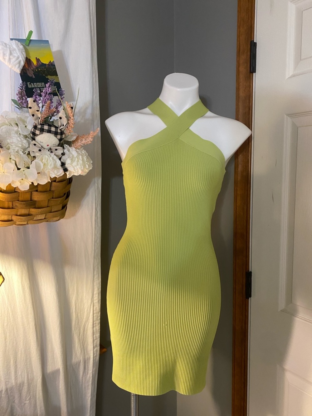 Sincerely Jules Sleeveless Lime Green Ribbed Halter Bodycon Dress
